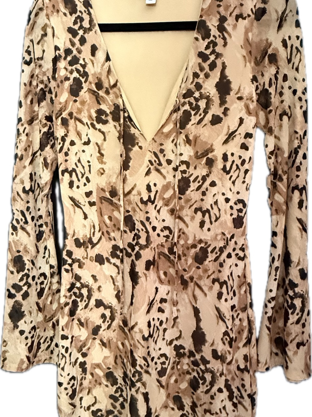 Bar III Beige and Brown Animal-Print Long-Sleeve V-Neck Dress